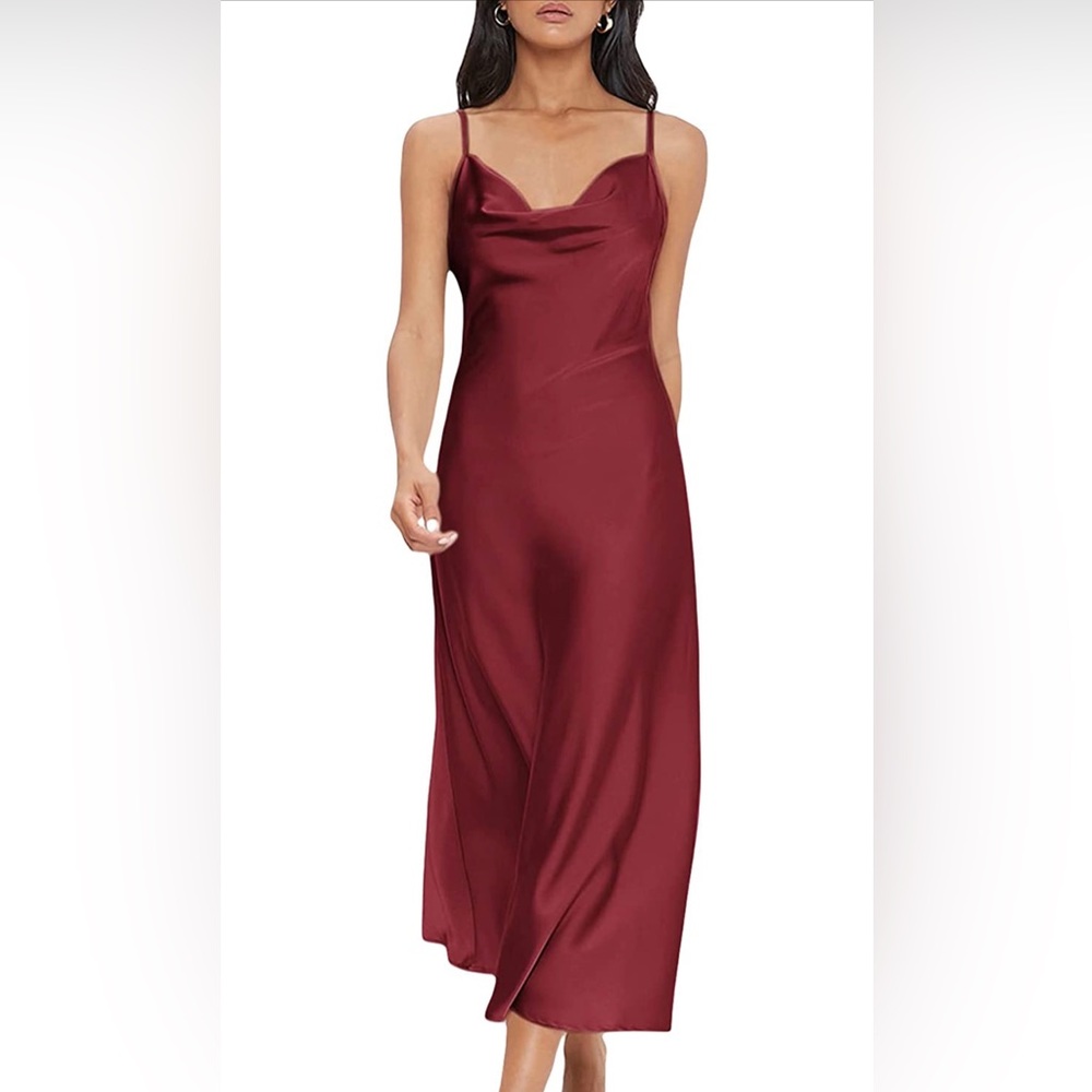 Burgundy cowl neck silk midi dress